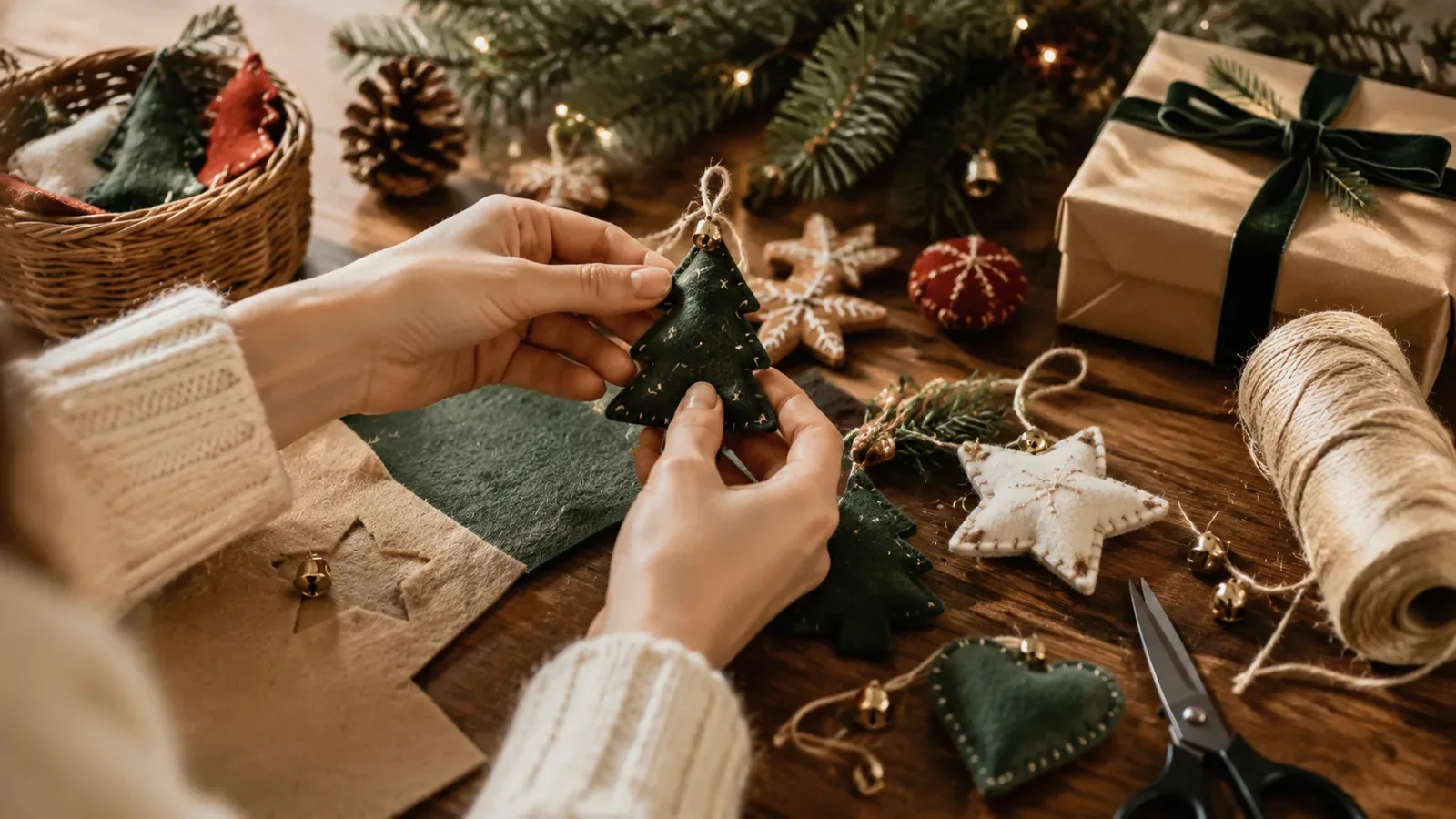 Hands making Christmas ornaments at a festive craft table