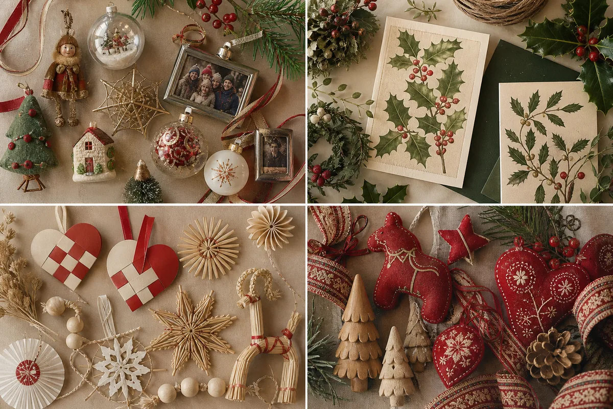 Four material mood boards comparing American, British, Scandinavian, and Alpine Christmas craft styles