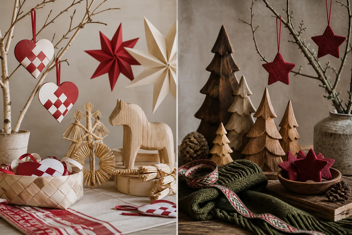 Scandinavian-inspired woven paper and straw beside Alpine-inspired wood, wool, and ribbon