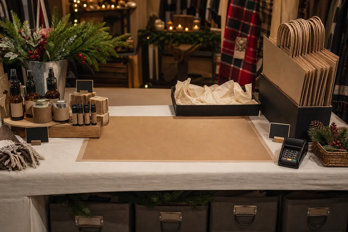 Compact artisan market checkout with price signs, packaging, and hidden reserve stock