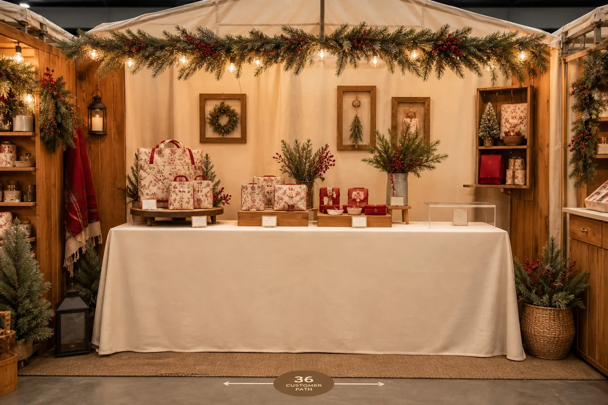 Artisan Christmas pop-up booth arranged with handmade goods on a six-foot market table