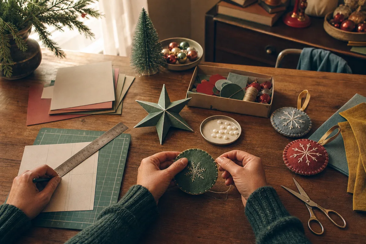 Beginner Christmas craft table with measured paper, a folded star, and hand-stitched felt ornaments