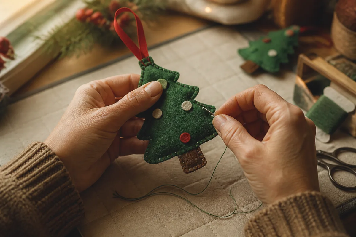 Felt tree ornament finished with even stitches and a centered ribbon loop