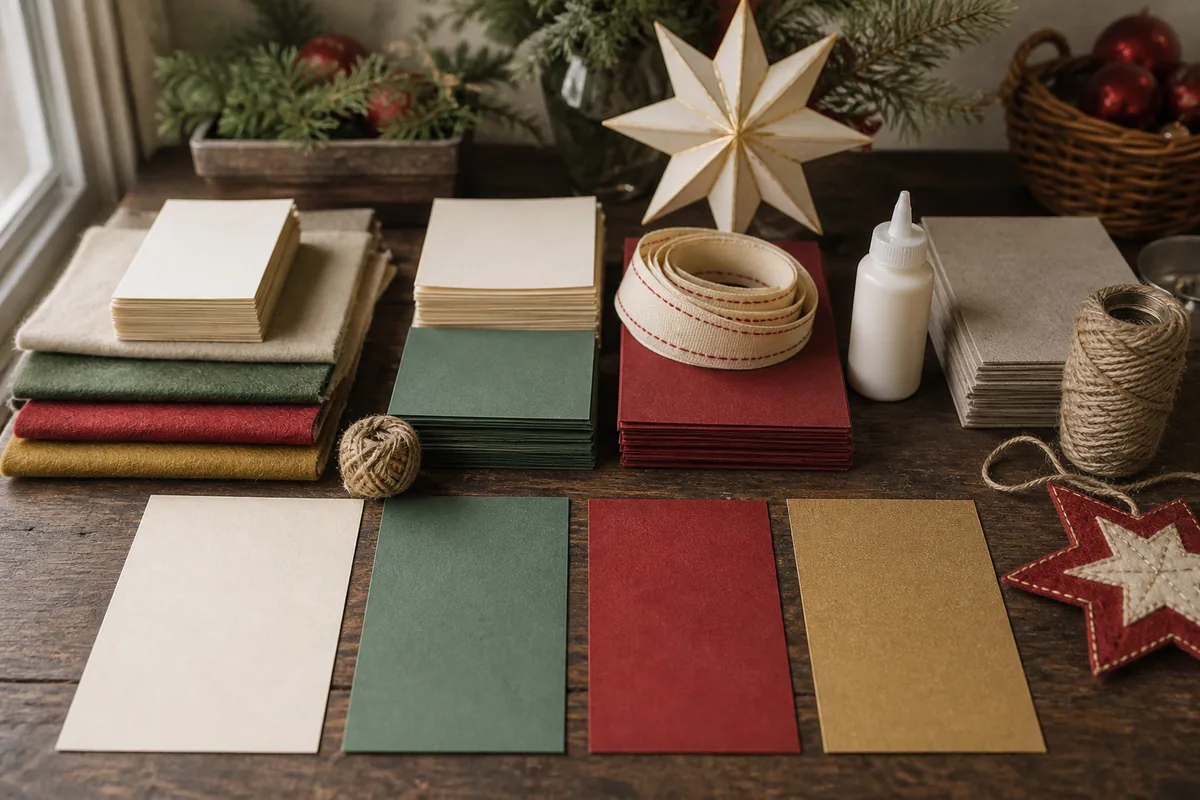Coordinated Christmas craft palette with cardstock, felt, ribbon, glue, board, and finished ornaments