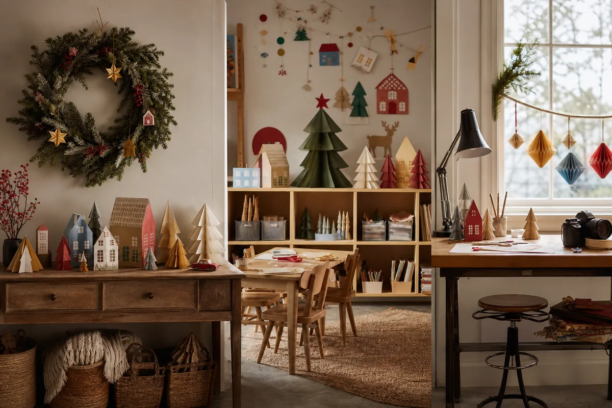 Christmas crafts styled across a home console, classroom display, and maker studio