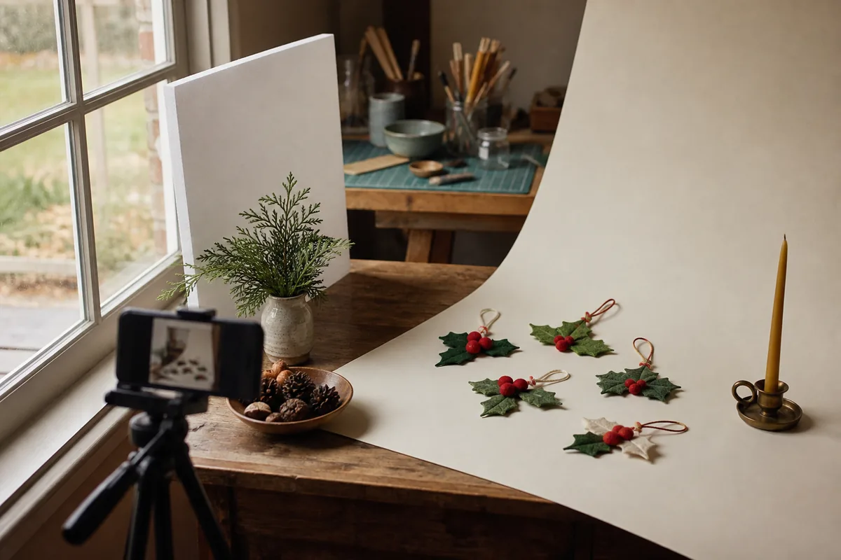 Handmade felt ornaments photographed on a paper sweep beside a window