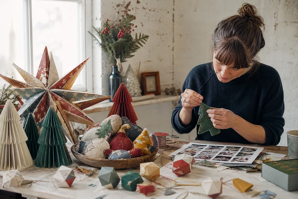 Young adult creator developing a coordinated collection of paper and stitched Christmas crafts