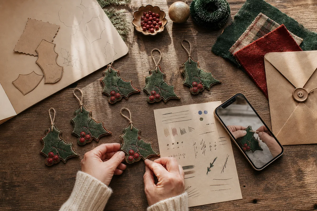 Six related ornaments documented with a template, material notes, and a phone photograph