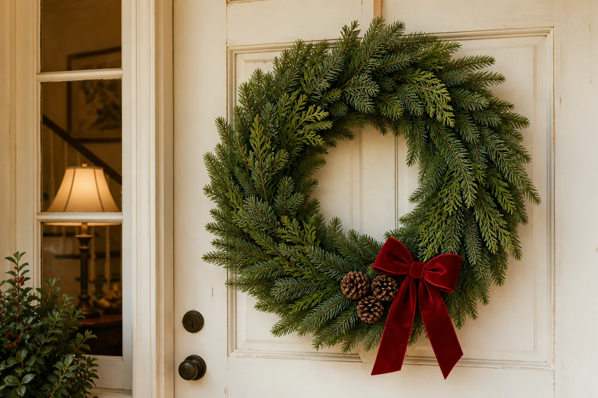 Classic mixed-evergreen Christmas wreath with three pinecones and a red velvet bow on an ivory door