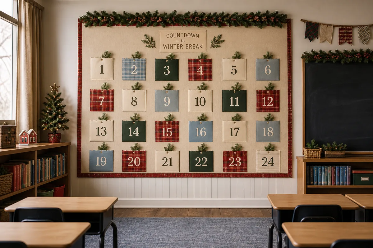 Classroom Advent craft board with twenty-four numbered pockets in a six-by-four grid