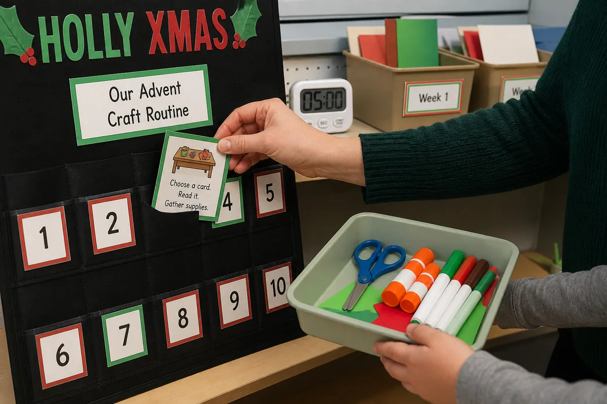Daily Advent activity cards beside an organized classroom craft supply tray