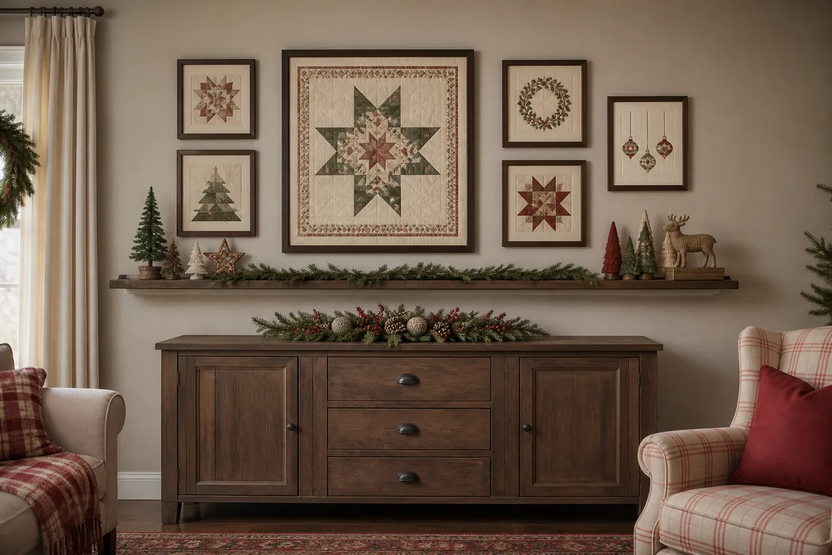 Cozy living room with handmade Christmas crafts grouped into an intentional gallery display