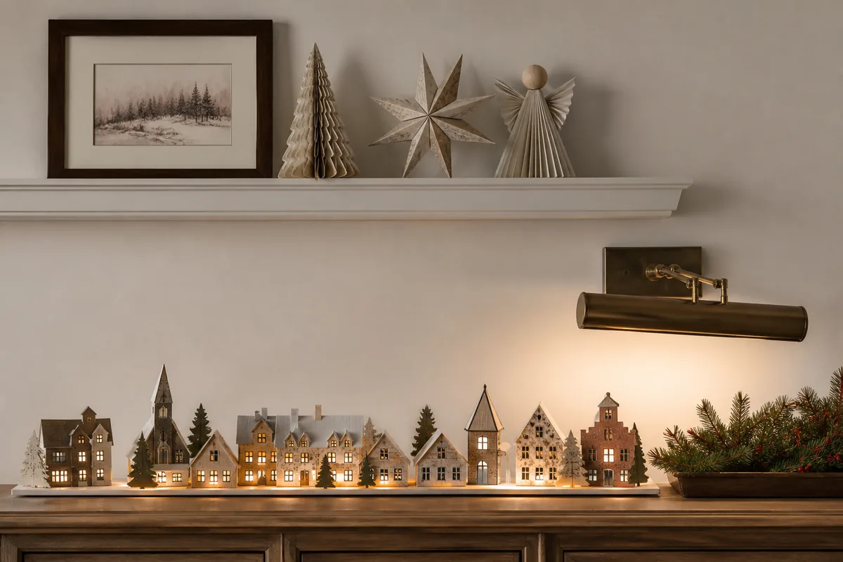 Handmade Christmas crafts arranged on a picture ledge and living room sideboard
