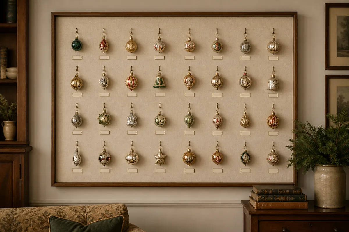 Family heirloom Christmas ornaments displayed with generous spacing on a fabric-covered wall panel