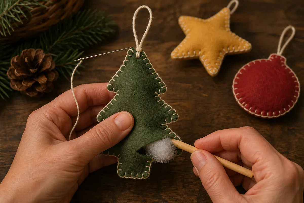 Hands adding light fiberfill to a blanket-stitched felt tree ornament with its hanging loop secured