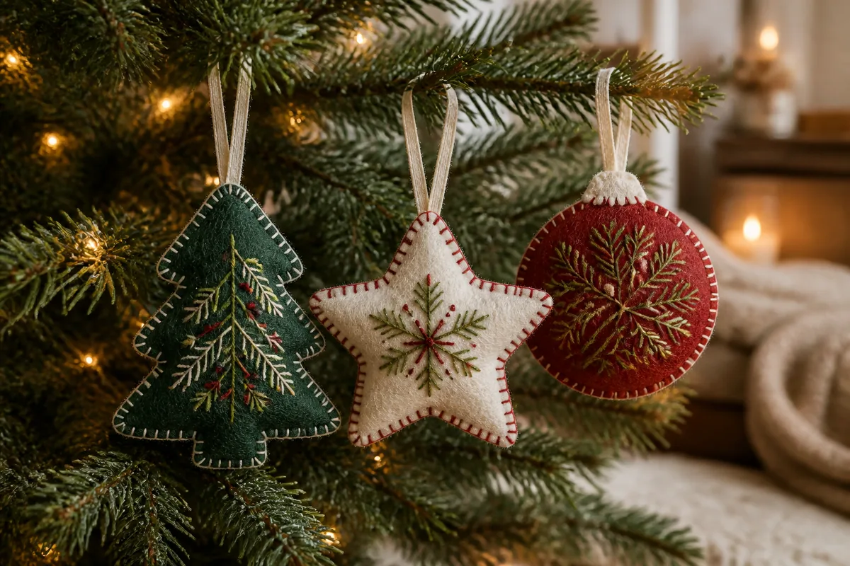Hand-stitched felt tree, star, and round bauble ornaments hanging together on evergreen branches
