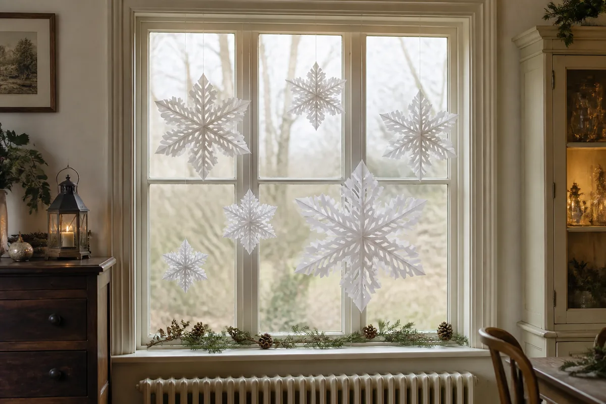 Five graduated six-point paper snowflakes suspended on clear lines in a vintage Christmas window