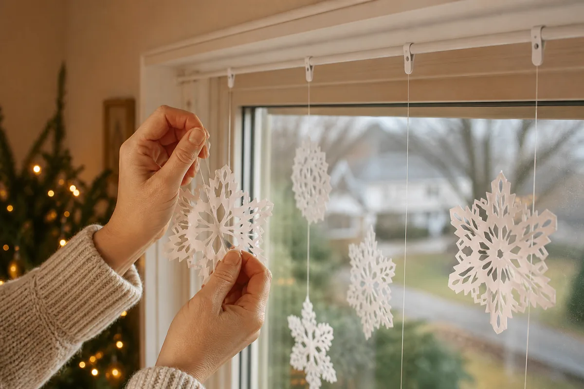 Hands hanging paper snowflakes with clear monofilament from clips on a tension rod above a window