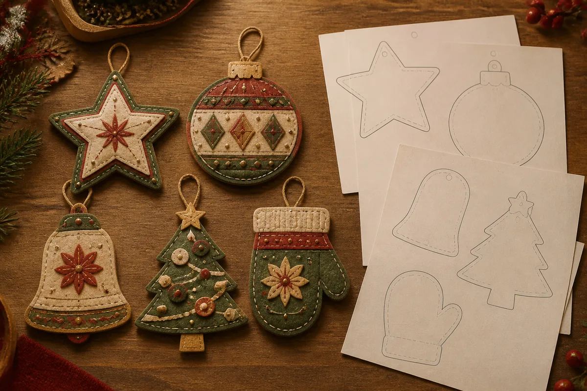 Finished star, bauble, bell, tree, and mitten ornaments beside outline pattern sheets
