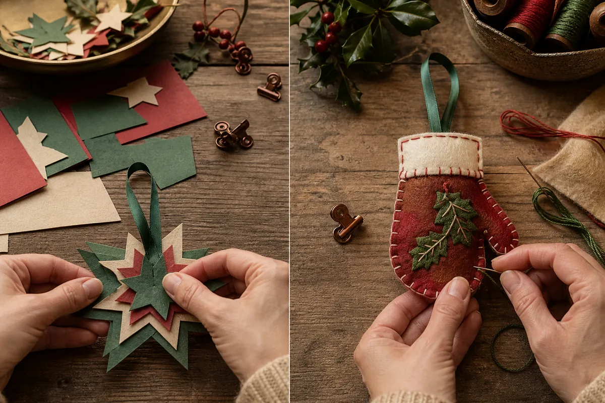 Layered paper star and hand-sewn felt mitten assembled with centered ribbon loops