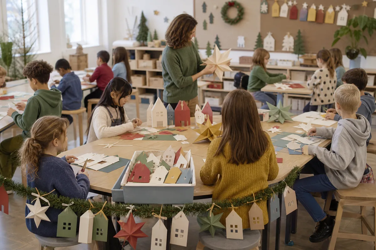 Teacher and students making paper stars, houses, tags, and shared garland pieces