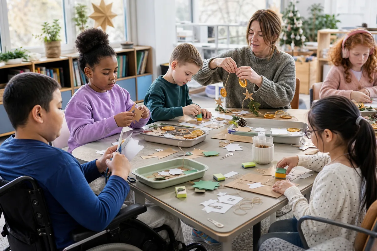 Students using varied tools and supports to create pieces for a shared seasonal garland
