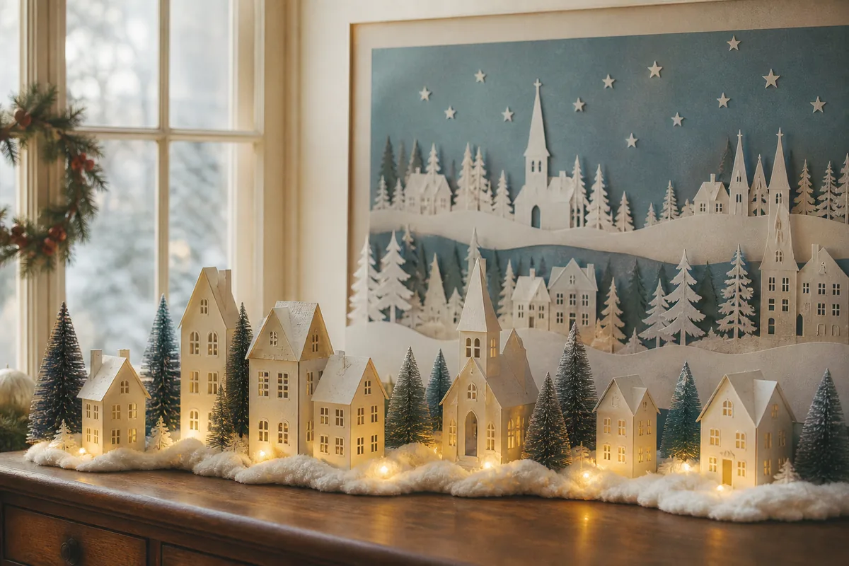 Illuminated paper village displayed beside a coordinated flat winter window scene