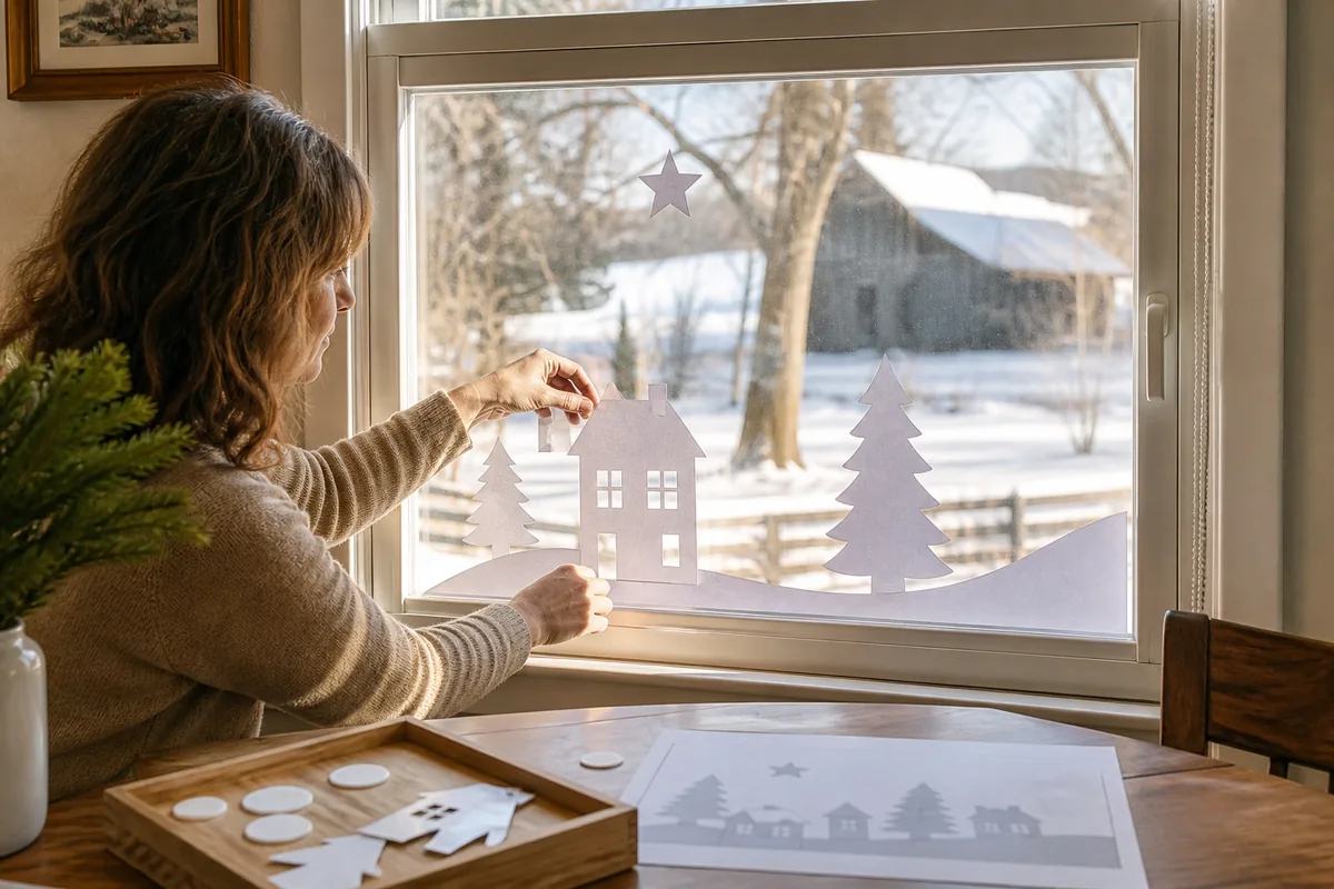 Flat paper house, tree, star, and snowbank shapes mounted without blocking a window handle