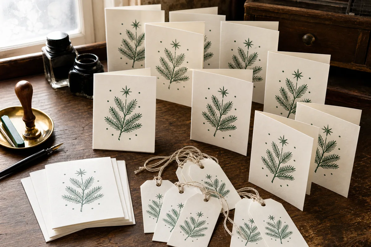Coordinated cotton Christmas cards and gift tags hand-printed with a deep green evergreen sprig and star