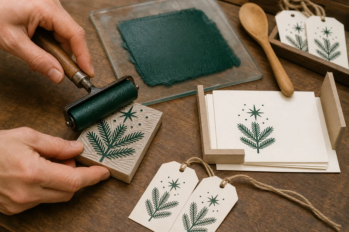 Brayer applying green ink to an evergreen relief block beside registered cards and matching tags