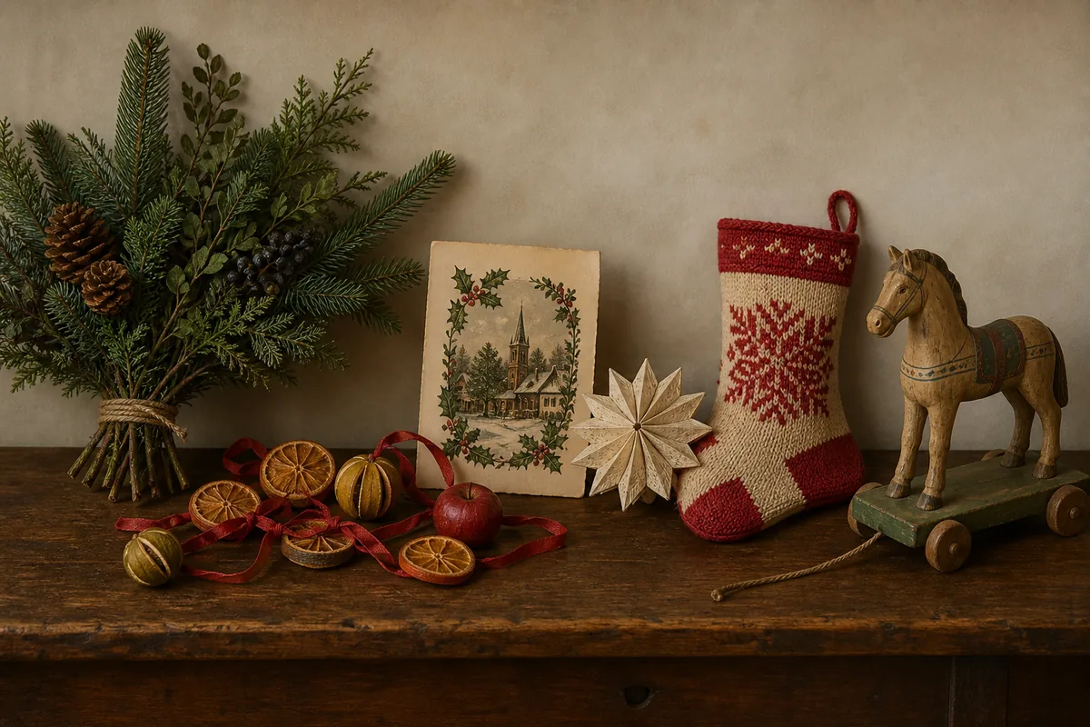 Editorial reconstruction of evergreen, card, paper ornament, stocking, and wooden toy traditions