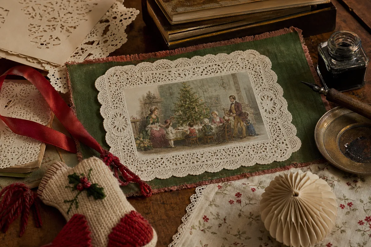 Editorial reconstruction of a Victorian-style card with paper lace, textile, and folded ornament