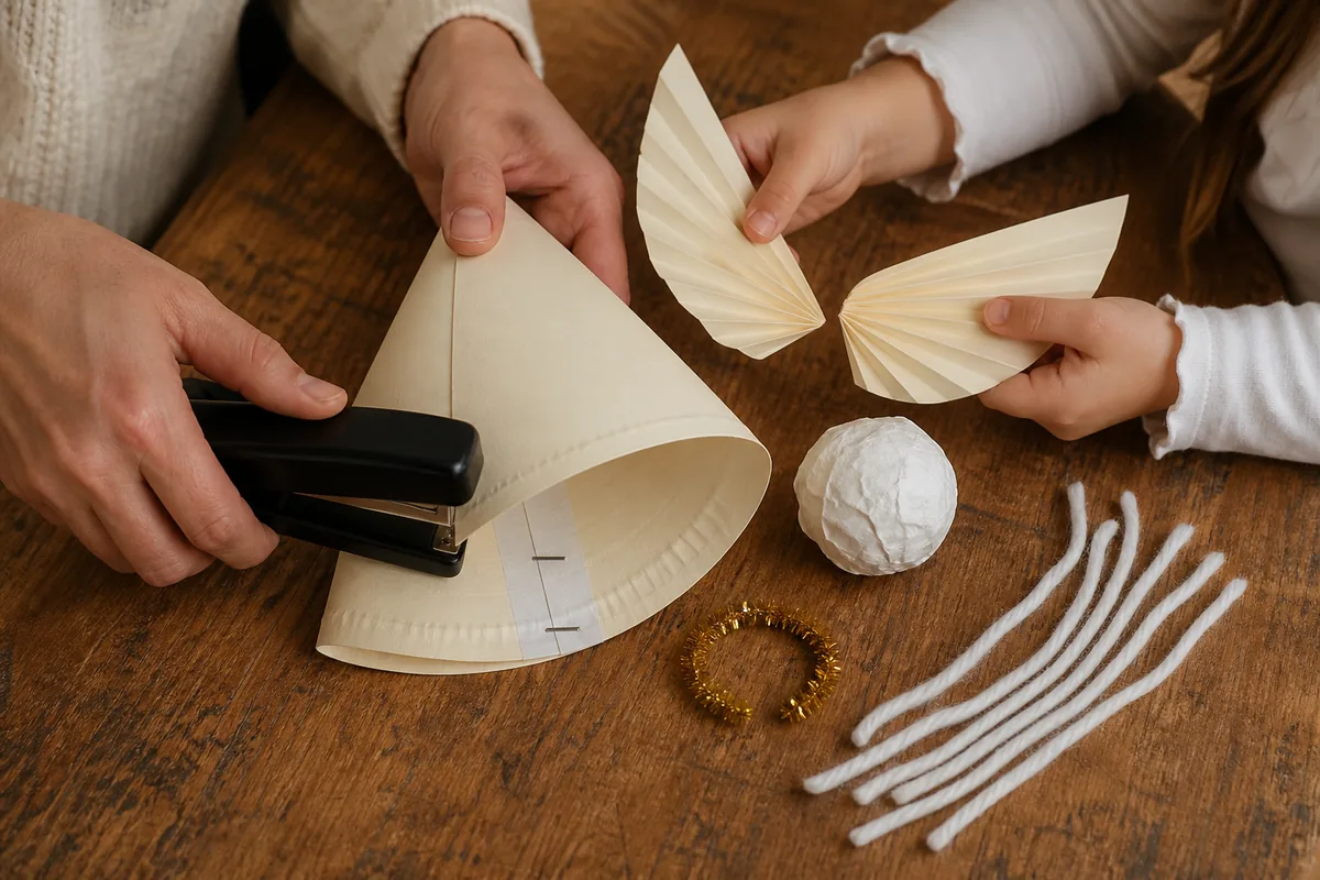 Adult stapling a paper plate cone while a child holds paper wings beside a paper head, yarn, and halo