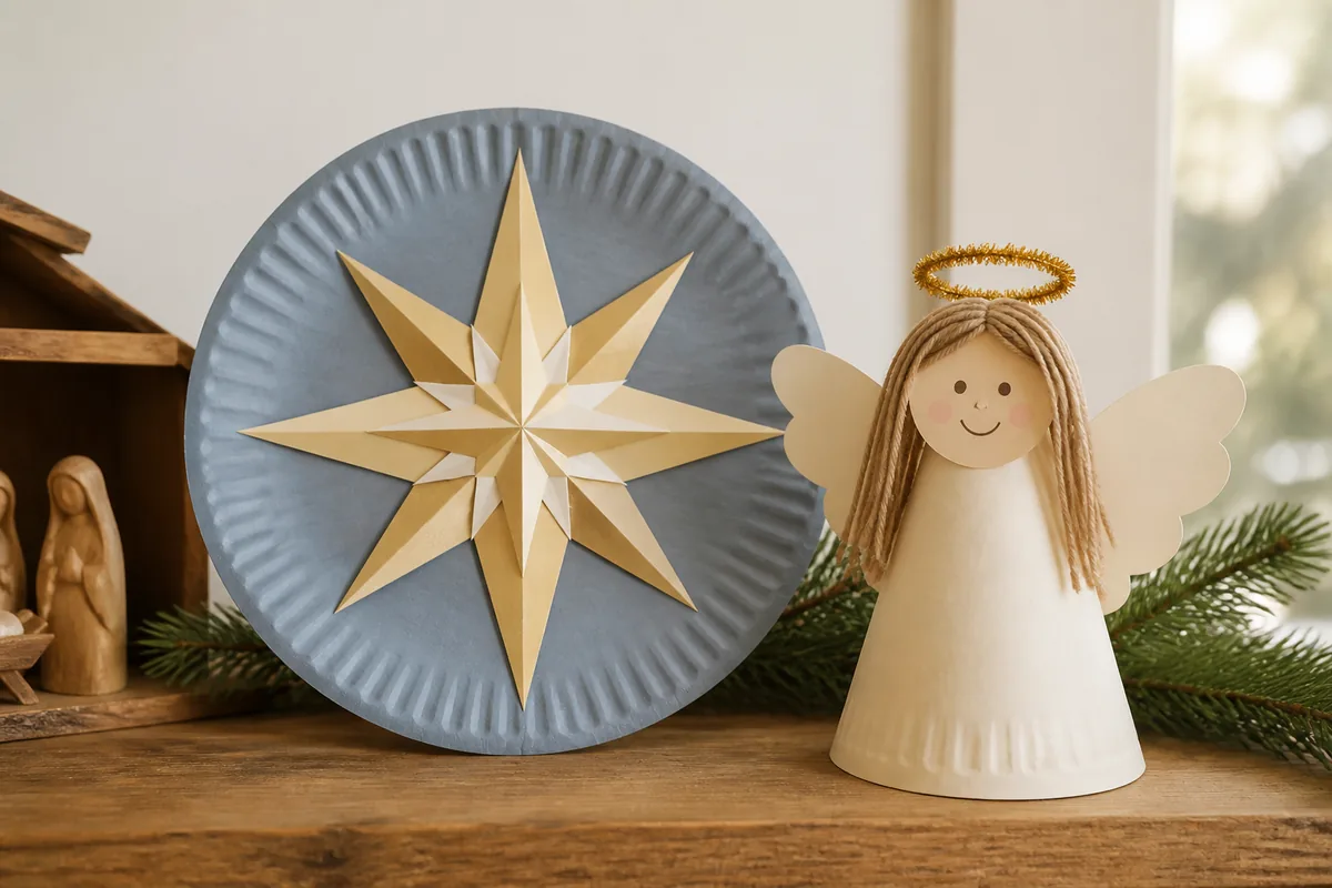 Dusty-blue paper plate nativity star and a standing warm-ivory paper plate angel with yarn hair and halo