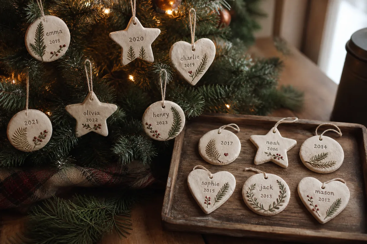 Personalized salt dough family ornaments with evergreen impressions displayed on a Christmas tree and wooden tray