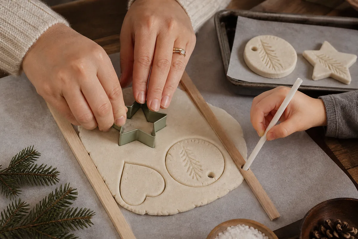Adult and child hands cutting quarter-inch salt dough shapes and making hanging holes with a straw