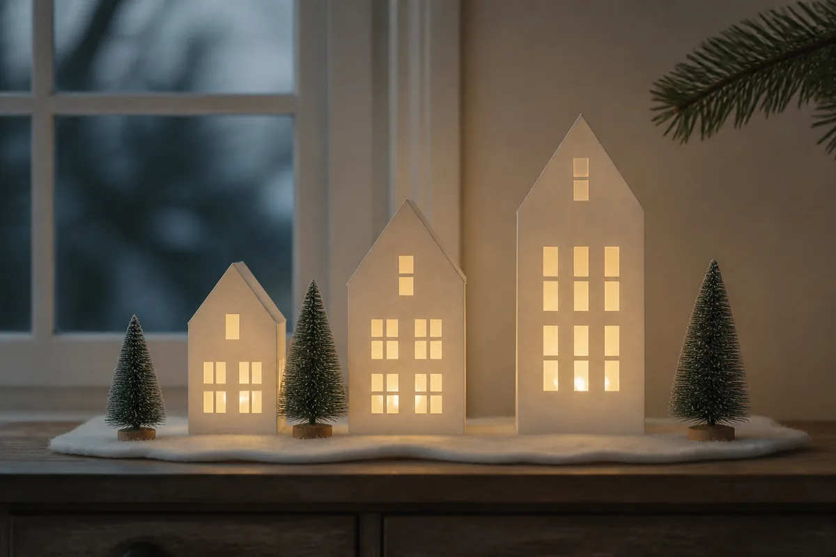 Three illuminated warm-white paper houses arranged as a Scandinavian Christmas village on a felt snow base