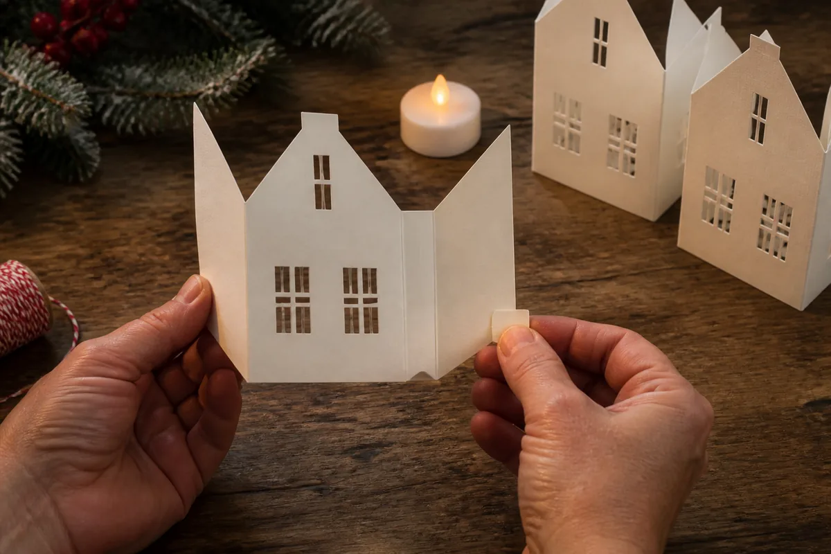 Hands folding an open-back paper house shell with side returns and a battery LED tea light behind it