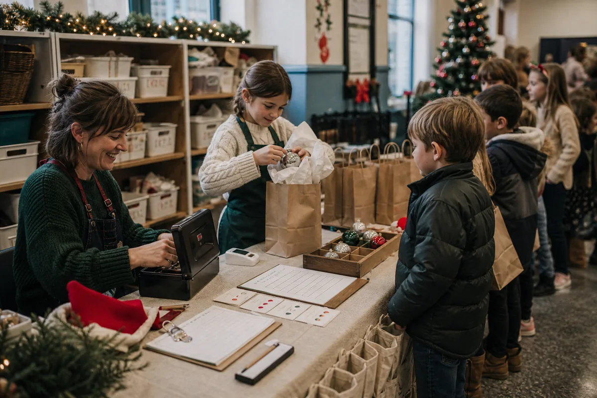 Adult-managed school market checkout with student bagging and organized stock