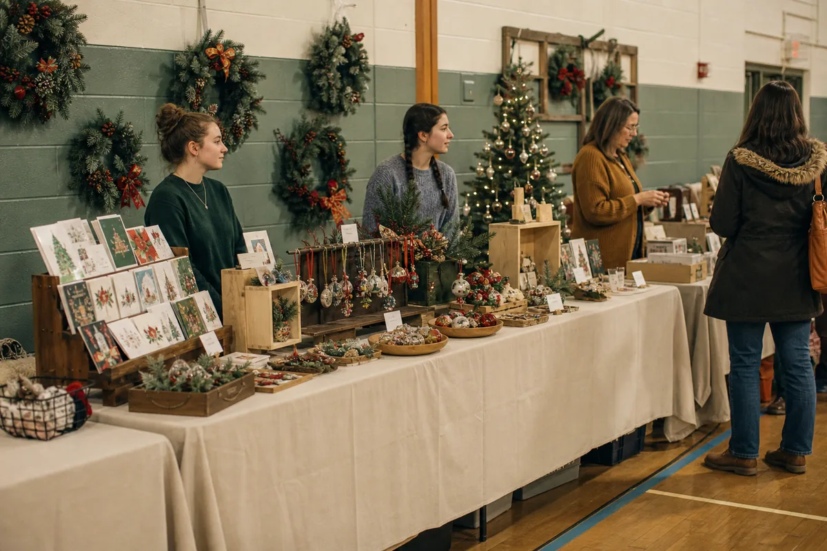 Student makers staffing an organized handmade Christmas booth in a school gym