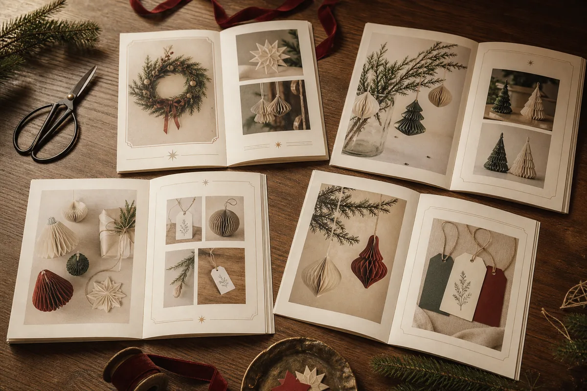 Printed holiday lookbook spreads featuring a consistent collection of handmade Christmas crafts