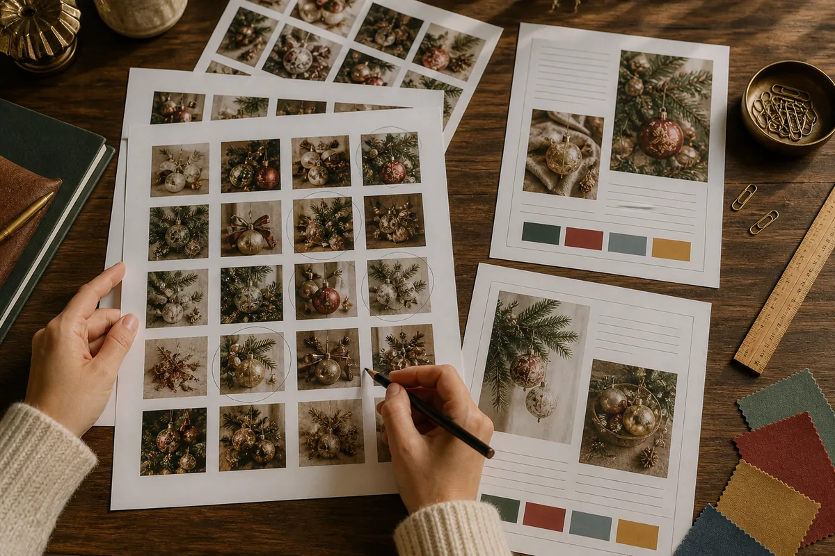 Holiday product contact sheets being edited into a concise handmade brand lookbook