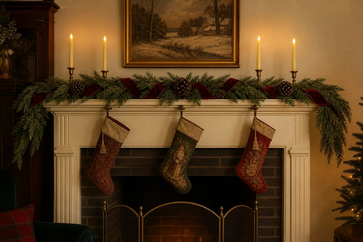 Vintage Christmas mantel with mixed evergreen garland, velvet ribbon, three stockings, and battery LED tapers