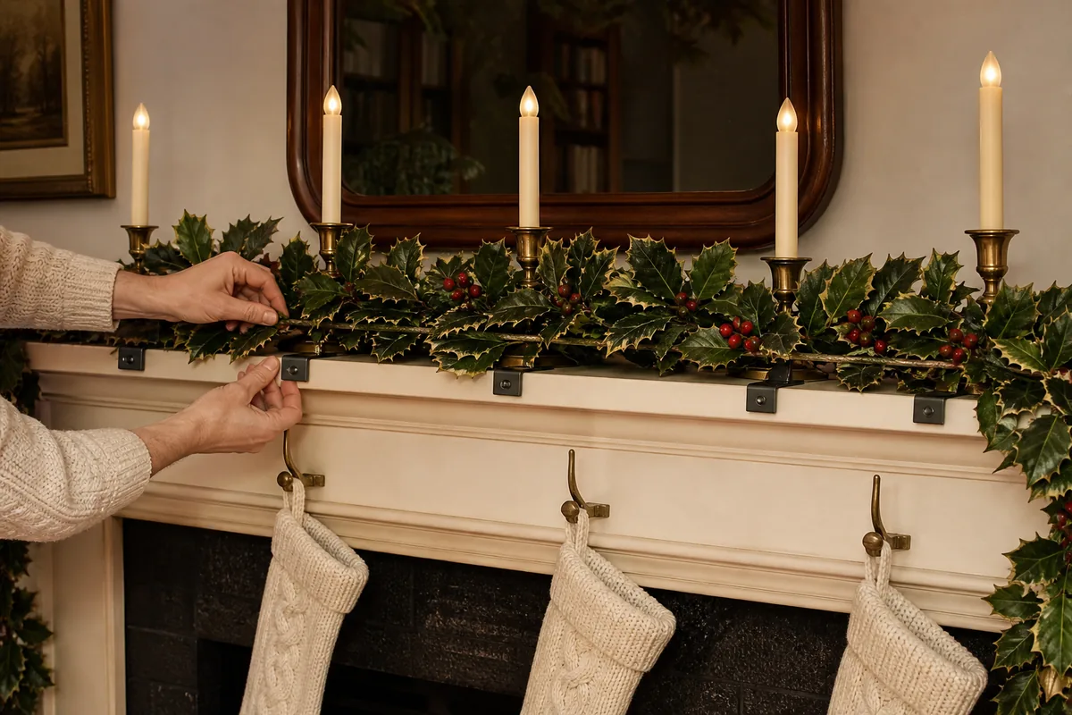 Mantel garland secured with five clips above separately hung stockings and spaced battery LED tapers
