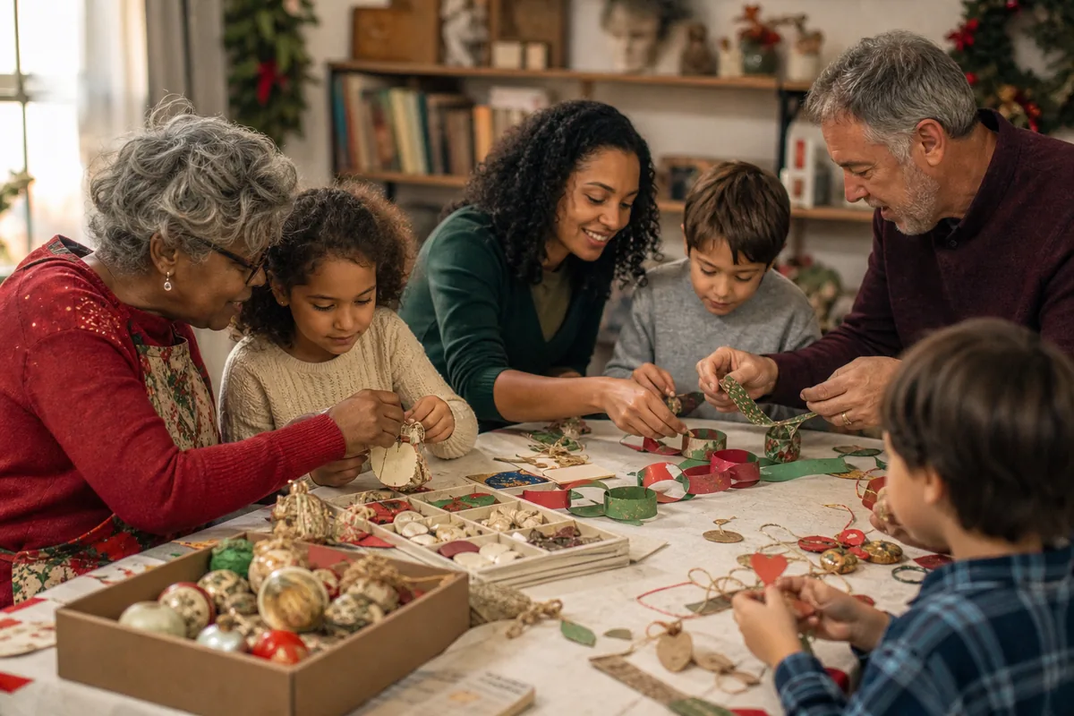 Children and adults making Christmas ornaments and paper garland units together