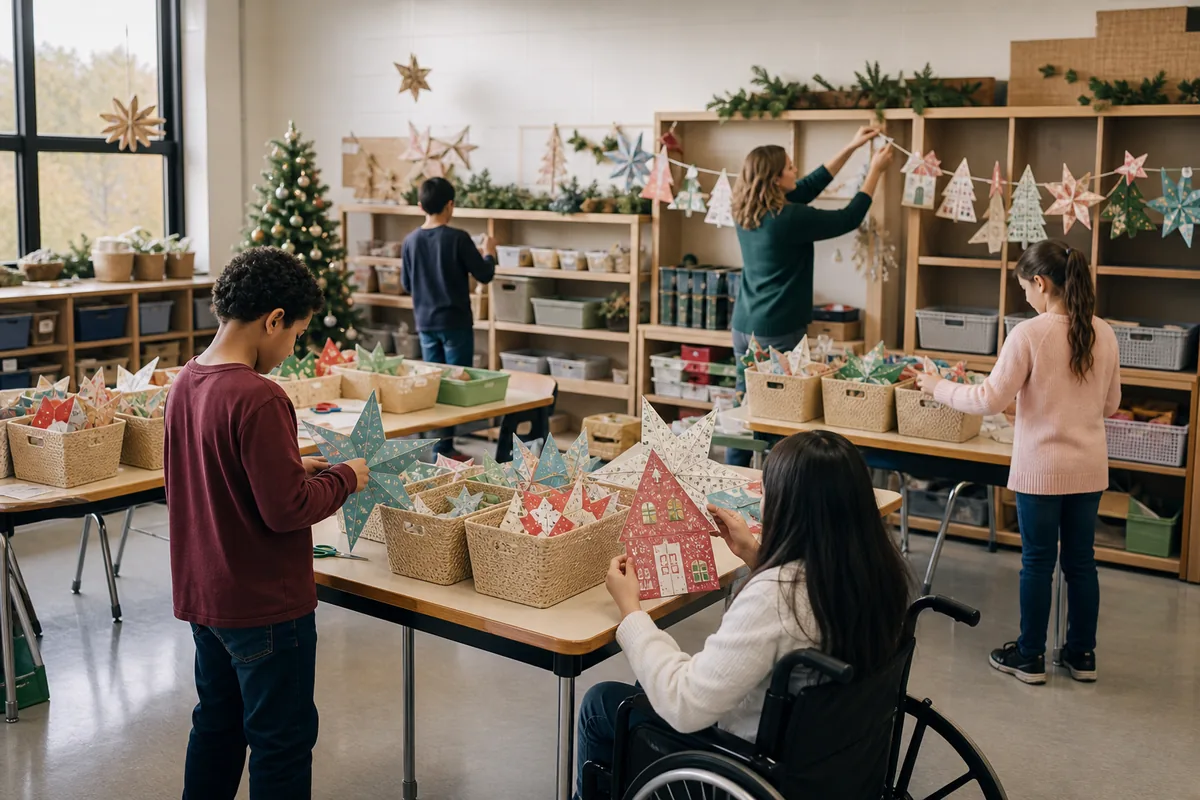 Students creating varied seasonal paper pieces for a shared classroom garland